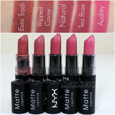 NYX Matte Lipsticks (L-R) Euro Trash, Whipped Caviar, Natural, Tea Rose and Audrey Nyx Tea Rose Lipstick, Makeup Lips Matte, Nyx Lipstick Matte, Euro Trash, Nyx Matte, Kylie Makeup, Natural Tea, Nyx Lipstick, Makeup 101