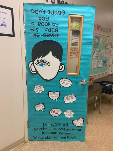 Celebrate Literacy Week Door Decorating Contest-“Wonder” Book Character Door Decorations Classroom, Book Character Door Decorations, Door Decorating Contest Book Theme, School Door Decorations Book Theme, Wonder Book Cover, Wonder Novel, Antibullying Door Decorating Contest, Book Door, Literacy Week