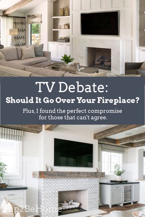 Debate: Should Your TV Go Over Your Fireplace? (Plus the Perfect Compromise!) Tv Mount Over Fireplace, Above Fireplace Ideas, Wall Shiplap, Tv Above Fireplace, Fireplaces Layout, Tv Over Fireplace, Basement Fireplace, Fireplace Tv Wall, Fireplace Built Ins