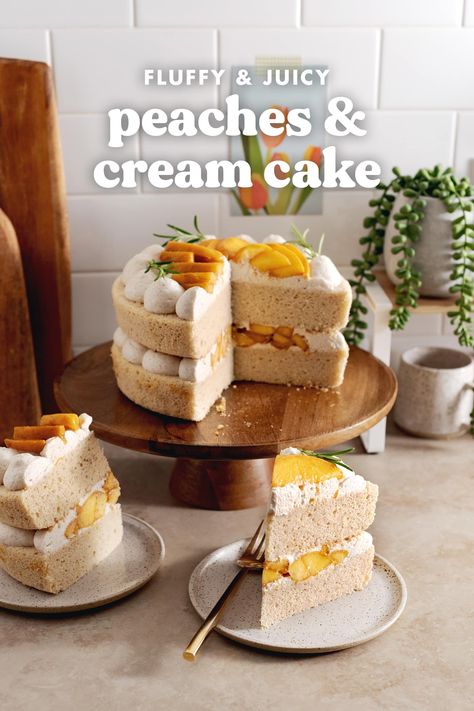 Peaches And Cream Cake, Dessert Business, Spiced Whipped Cream, Whipped Cream Cakes, Fruit Cakes, Homemade Rolls, Peach Cake, Fresh Peaches, Peaches And Cream