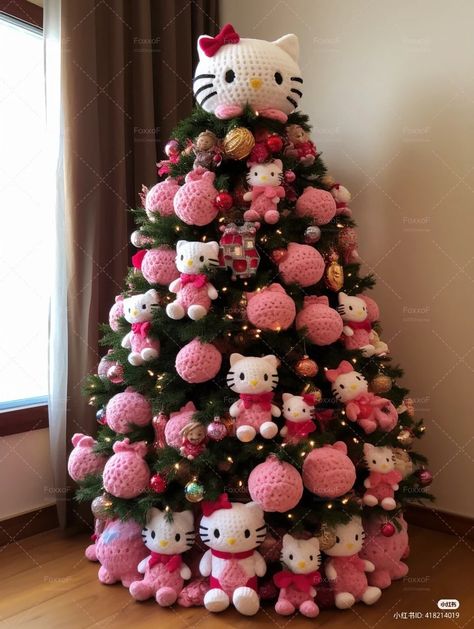 Hello kitty christmas tree Crismas Tree, Hello Kitty Christmas Tree, Hello Kitty Decorations, Hello Kitty Cupcakes, Gloomy Bear, Kitty Christmas, Hello Kitty Themes, Pink Xmas