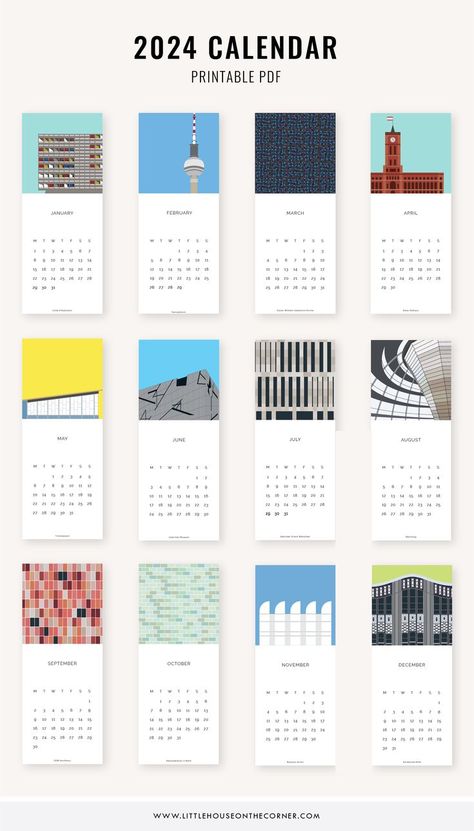 12 pages of 2024 calendar showing illustrations of Berlin buildings Berlin Buildings, Calendar Design Layout, Calendar Design Inspiration, School Reception, 2024 Calendar Printable, Illustration Calendar, Calendar Design Template, 달력 디자인, Cool Calendars