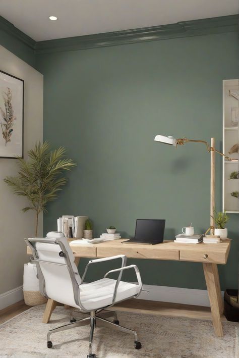 polished pine wall paint, interior wall paint, professional paint services, home renovation ideas Office Colours Wall Paint Colors, Pale Green Aesthetic, Green Home Office Ideas, Spare Room Decor, Travel Room Decor, Green Home Offices, Office Wall Colors, Office Paint Colors, Home Office Colors