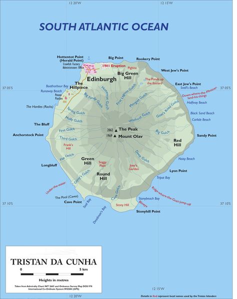 Dimensions - Tristan has an average diameter of 12kms (7.5 miles) and a circumference of about 40 km (25 miles); The volcanic cone which is Tristan da Cunha rises from an ocean plain some 3500 metres (11500 feet) below sea level and its peak reaches 2082 metres (6750 feet) above sea level - overall the Tristan volcano rises some 5500 metres (18000 ft) from the sea floor where it is about 48kms (30 miles) in diameter. Ocean Volcano, Oceans Map, Pacific Ocean Map, Wake Island, Saint Helena Island, Volcanic Island, Atlantic Ocean Map, Norfolk Island, Imaginary Maps