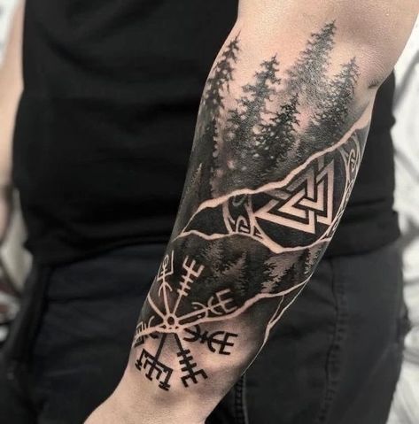 Tattoos On Forearm For Guys, Nordic Forest Tattoo, Norse Tattoo Sleeve, Nordic Arm Tattoo, Nordic Tattoo Sleeve, Small Nordic Tattoo, Arm Tattoo Viking, Viking Sleeve Tattoo, Norwegian Tattoo