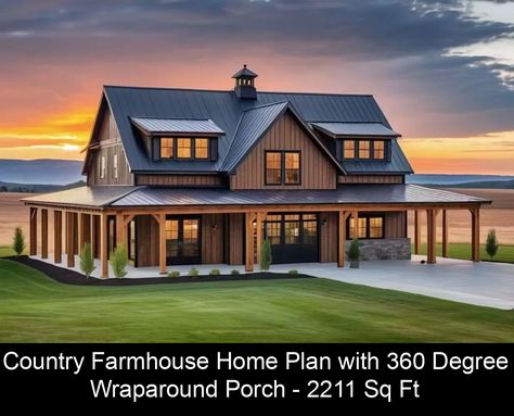 An 8'-deep wraparound porch extends from every elevation of this Country Farmhouse home plan ensuring the best views are always available. The central living room offers front and rear sliding doors for easy access to the porch and flows freely into the eat-in kitchen. An expansive walk-in pantry lends plenty of storage for dried foods and oversized appliances, and the neighboring powder bath includes a stackable washer and dryer unit. The main-l Porch All Around The House, Screened In Porch House Plans, Barndominium With Big Porch, 3500 Sq Ft Barndominium, Log Cabin Homes With Wrap Around Porch, Farmhouse Floor Plans Wraparound Porch, Double Wide House Plans, Silver Roof House, Timber Frame Homes Exterior