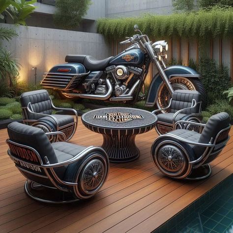 Harley Davidson Decor, 7 February, Compact Furniture, Custom Planters, Fun Furniture, Harley Davidson Logo, Big Dog, Patio Set, Outdoor Entertaining