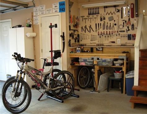 How to Set Up a Home Bike Shop For Every Space and Budget | Singletracks Mountain Bike Blog Bike Work Stand, Bike Repair Stand, Bike Room, Bicycle Shop, Bike News, Bike Tools, Bicycle Maintenance, Bike Shed, Bike Repair