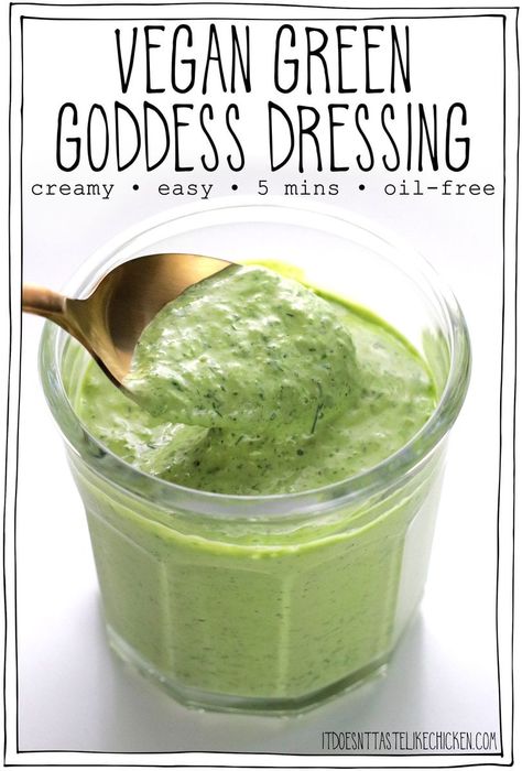 Vegan Green Goddess Dressing Vegan Green Goddess Dressing, Vegan Green Goddess, Goddess Dressing Recipe, Vegan Sauce Recipes, Vegan Crab Cakes, Green Goddess Salad Dressing, Vegan Crab, Roasted Broccolini, Vegan Salad Dressing