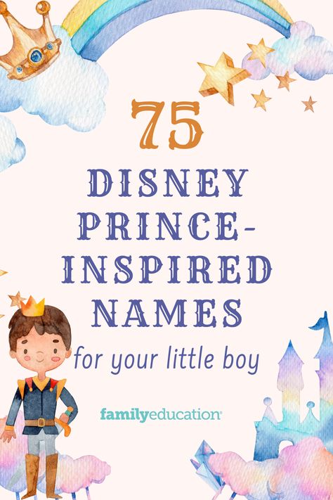 If you're a Disney fan and are expecting a little boy, this is the baby name list for you. We've compiled a list of 75 names inspired by Disney princes and the movies they come from. #babyboynames Disney Boy Names, Prince Names, Disney Character Names, Cartoon Characters Names, Prince Cartoon, Baby Boy Disney, Disney Baby Names, Boy Cartoon Characters, Names For Boys List