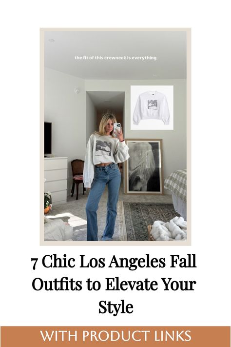 The person is wearing a white crewneck sweatshirt with a graphic and blue jeans. Los Angeles Fall Outfits, Los Angeles Winter Outfits, Los Angeles Outfits Fall, What To Wear In Los Angeles, Dresses With Ankle Boots, Fall Outfits Pinterest, La Outfit, Layering Essentials, Fall Style Guide