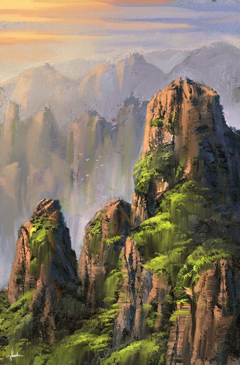 Asian Mountain Painting, Mountain Landscape Digital Art, Digital Artwork Landscape, Background Mountains Drawing, Landscape Art Mountains, Fantasy Mountains Art, Digital Art Nature Landscapes, Asian Mountain Art, Digital Art Mountains