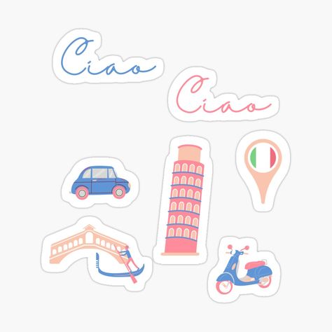 Get my art printed on awesome products. Support me at Redbubble #RBandME: https://www.redbubble.com/i/sticker/Sticker-sheet-Summer-travel-Italy-Venice-Scooter-gondola-Tower-of-Pisa-by-Tammystribe/84612172.EJUG5?asc=u Italy Journal, Aesthetic Travel Stickers, Italy Stickers Printable, Venice Scrapbook, Europe Stickers, Italy Stickers, Buy Stickers, Cruise Scrapbook, Venice Italy Travel