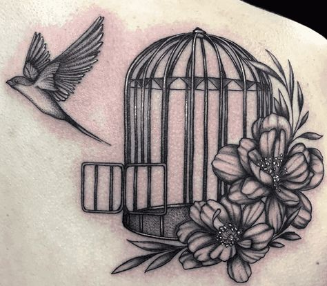 Bird Out Of Cage Tattoo, Bird And Cage Tattoo Freedom, Caged Bird Tattoo, Cage Tattoo Ideas, Bird Cage Tattoo, Jail Tattoos, Birdcage Tattoo, Butterfly Cage, Cage Tattoo