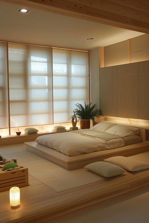 Modern Japanese Bedroom, Japandi Bedroom Ideas, Zen Bedroom Ideas, Japanese Style Bedroom, Japandi Bedroom, Japanese Bedroom, Zen Interiors, Japanese Home Design, Minimalist Bedroom Decor