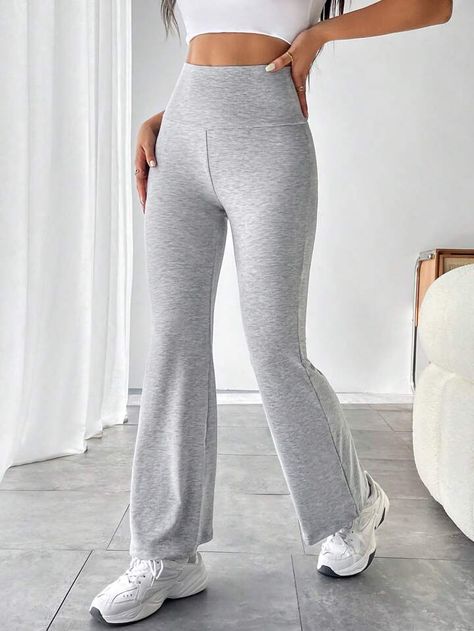 Free Returns ✓ Free Shipping✓. SHEIN PETITE Wide Waistband Flare Leg Sweatpants- Women Sweatpants at SHEIN. Women Sweatpants, Clean Body, Outfit Goals, Wide Waistband, Womens Sweatpants, Knitted Fabric, Gray Color, Fashion Inspiration, Elastic Waist