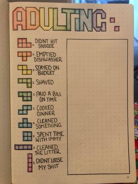 Love love love this! Tetris bullet journal page. Play tetris bases on your daily goals and actions! Bullet Journal Wishlist, Bullet Journal Page, Bullet Journal 2020, Bullet Journal Spreads, Bullet Journal 2019, Bullet Journal Ideas Templates, Creating A Bullet Journal, Bullet Journal Mood Tracker Ideas, Bullet Journal Paper