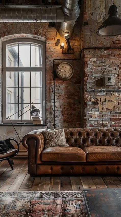 Embrace the Urban Chic: Exploring Industrial Living Room Styles - Decoholic Industrial Interior Design Living Room, Urban Loft Apartment, Industrial Style Interior Design, Industrial Living Room, Brick Room, Glass House Design, Urban Living Room, Practical Furniture, High Ceiling Living Room