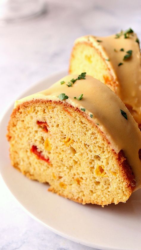 Cornbread Bundt Cake with Nacho Cheese Sauce Recipe - savory cornbread with peppers and corn baked in a bundt cake and glazed with nacho cheese sauce. Completely unexpected side dish! Nacho Cheese Sauce Recipe, Savory Cornbread, Cornbread Cake, Chocolate Gravy, Chili And Cornbread, Nacho Cheese Sauce, Cheese Sauce Recipe, Baked Corn, Nacho Cheese