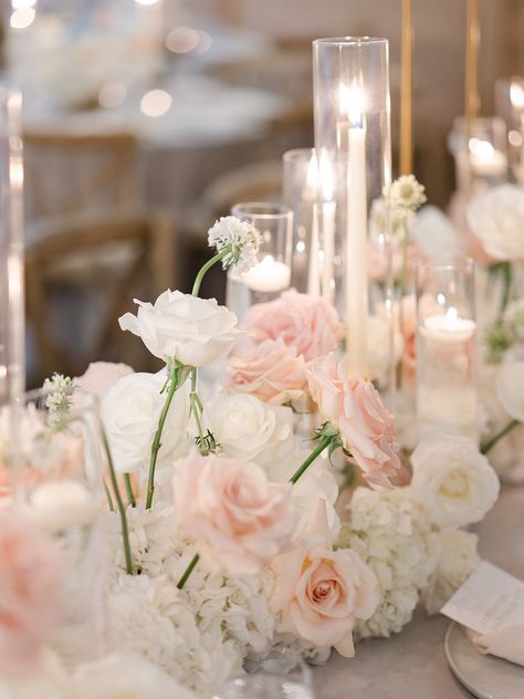 Pink Reception Flowers, Blush Roses Centerpiece, Blush Candles Wedding, Blush Pink And White Centerpieces, White And Pastel Pink Wedding, White And Blush Roses Wedding, Isle Floral Decorations Wedding, Pink And White Wedding Flowers Table, Blush And Ivory Wedding Centerpieces