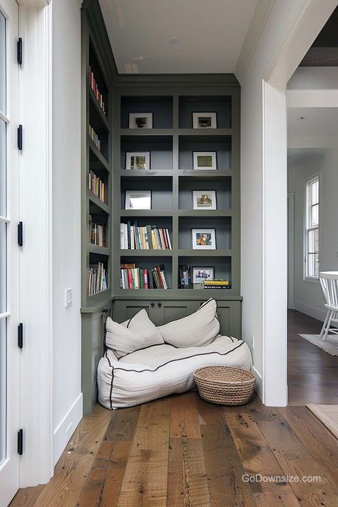 Corner Built In Shelves, Woodland Living Room, Bookshelf Corner, Stair Shelves, Floor To Ceiling Bookshelves, Living Room Built Ins, White Bookshelves, House Interior Design Styles, Built In Cabinet