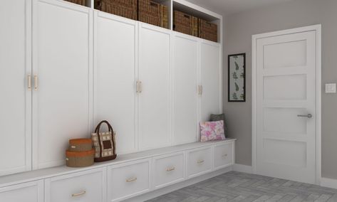 Ikea Mudroom Garage, Ikea Cabinets Entryway, Mudroom With Kitchen Cabinets, Ikea Mudroom Hack Storage Cabinets, Mudroom With Stock Cabinets, Laundry Mud Room Off Garage Storage Cabinets, Laundry Room With Lockers Cubbies, Ikea Cabinet Mudroom Hack, Ikea Hack Lockers Mud Rooms