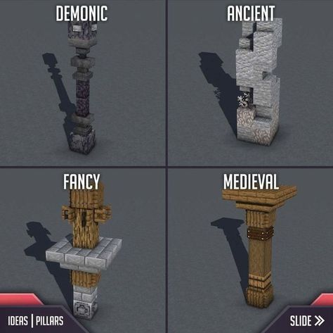 Cool Builds Minecraft, Mincraft Pillar, Mc Castle Blueprint, Pillar Ideas Minecraft, Pillar Minecraft Ideas, Minecraft Jail Cell Ideas, Pillar Design Minecraft, Minecraft Deer Head, Minecraft Pillar Ideas