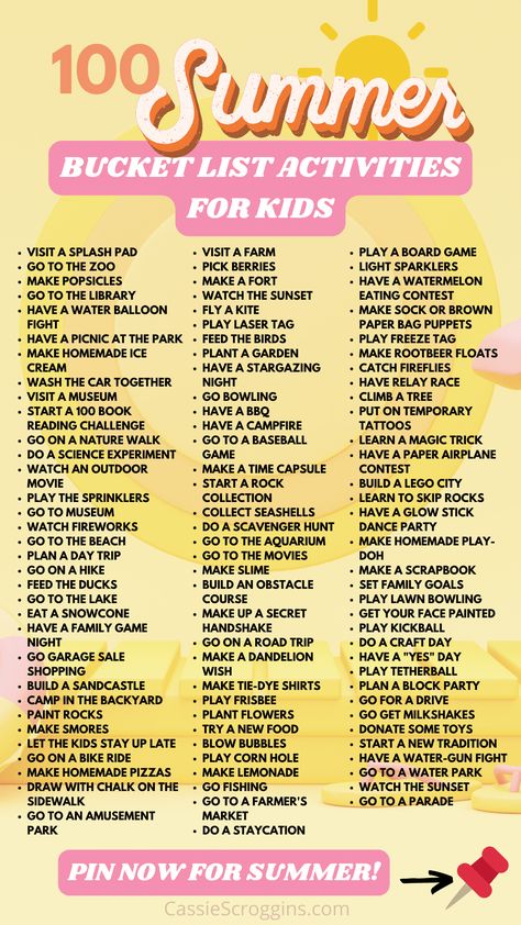 Wondering how to keep your kids entertained in the summer? Make the perfect summer bucket list for kids with these 100+ Best kids summer activities! Kids summer activities from home, in your community, or traveling away! Download the free printable summer bucket list for kids and enjoy the summer fun! #cassiescroggins #summer Printable Summer Bucket List, Summer Bucket List For Kids, Kids Summer Activities, Kids Summer Bucket List, Summer Schedule, Summer Fun For Kids, Drawing Prompts, Fun Summer Activities, Summer Activity