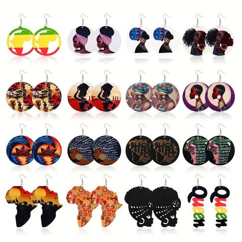 Multicolor African Earrings Ethnic Wooden Map Queen Print - Temu African Style Earrings, Afro Earrings, Map Earrings, Beauty Patterns, Queen Earrings, African Map, Style Africain, Round Dangle Earrings, African Earrings