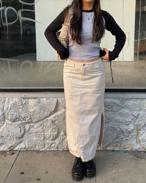 Long Skirt Docs Outfit, Khaki Denim Skirt Outfit, Long Skirt And Docs, Cargo Skirt And Doc Martens, Long Skirt Doc Martens Outfit, Long Khaki Skirt Outfit, Brandy Long Skirt, Skirt Jeans Outfit, Long Khaki Skirt