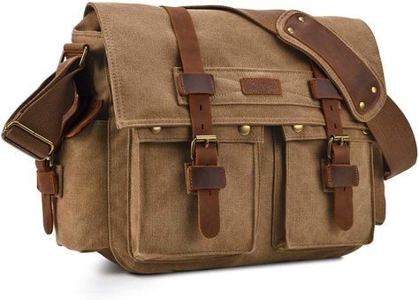 Amazon.com | Kattee Military Messenger Bag Canvas Leather Shoulder Bag Fits 15.6 Inch Laptop | Messenger Bags Military Messenger Bag, Canvas Messenger Bag, Bag Canvas, Carry On Luggage, Sneakers Men Fashion, Amazon Com, Dark Brown Leather, Messenger Bags, Canvas Leather