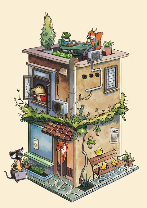 Illustration of an isometric house full of animals, drinking coffee and doing their daily stuff. Digital House Drawing, 3d House Illustration, Animal House Illustration, Isometric House Illustration, Dream House Illustration, Doll House Illustration, Animals Drinking Coffee, Isometric Island, Isometric House