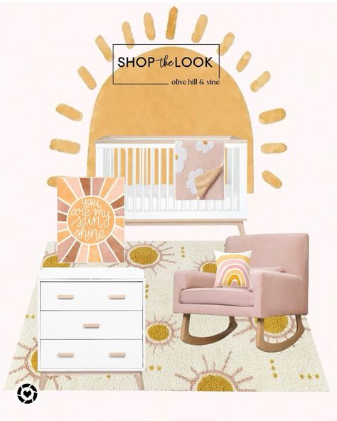 Pink and yellow harmonize, creating a bright haven for your little sunshine. A sun wall mural decal frames the crib, complemented by a "You are my Sunshine" boho art piece over the 3-drawer changing table. A rug with a pink & yellow sun pattern anchors the room, & a blush velvet rocking chair adorned with a boho rainbow throw pillow invites cozy moments. It's a cheerful haven for your precious girl to blossom! Follow my shop @OliveHillandVine on the LTK app to shop this look Sunshine And Rainbow Nursery, Pink Sun Nursery, Baby Girl Nursery Yellow And Pink, Pink And Yellow Nursery Girl, Sun Nursery Theme, Yellow Nursery Girl, Velvet Rocking Chair, Pink Playroom, Yellow Baby Room