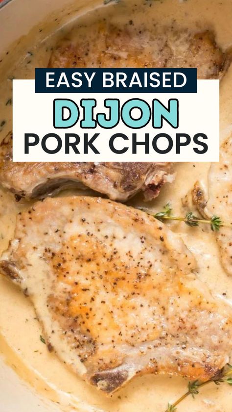 Say goodbye to takeout and hello to restaurant style pork chop dinner at home! Our Creamy Dijon Braised Pork Chops are easy to make with hints of white wine and a creamy Dijon sauce. Perfect for family dinners or weeknight meals! Creamy Dijon Sauce, Pork Chop Dishes, Pulled Pork Leftover Recipes, Braised Pork Chops, Pork Stir Fry Recipes, Creamy Dijon, Roasted Potato Salads, Dijon Sauce, Breaded Pork Chops