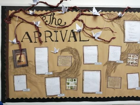 A writing display based on our class book The Arrival by Shaun Tan. Year 6 The Arrival Shaun Tan, English Classroom Displays, Eyfs Nursery, Story Display, Writing Display, English Display, Ks1 Classroom, Natural Classroom, Display Boards For School