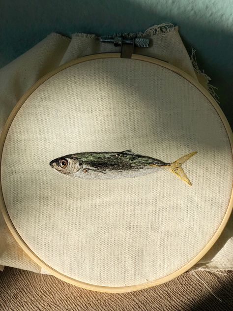 #dmcembroidery #dmcthreads #needlework #embroidery #fish #diy #art Sardines Embroidery, Embroidered Fish Simple, Fisherman Embroidery, Sardine Embroidery, Fish Hand Embroidery, Fish Embroidery Pattern, Fish Embroidery Designs, Witchy Fits, Embroidered Projects