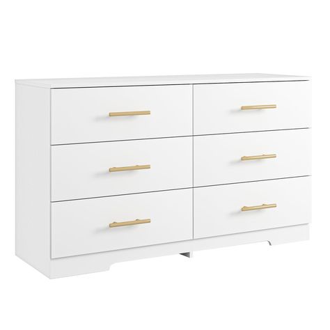 PRICES MAY VARY. 【Minimalist & Modern】This white dresser completely interprets the minimalist style with its modern appearance and compact construction. Meanwhile, featuring a classic solid color scheme, and with gold metal handles, the wood dresser is definitely a versatile and timeless choice for home lovers to decorate their homes. 【Ample Storage Space】Dresser overall dimension: 47.24”(W) x 15.75”(D) x 27.95”(H). Each deep drawer of this white and gold dresser has ample private storage space (20.47 "L x 13.78 "W x 5.12"H) with a load capacity of 44 lbs. per drawer. Features 6 spacious drawers, provides efficient storage space for your clothing, daily necessities, large items, and so on, get rid of clutter in your home. The wide tabletop is able to hold all your cosmetics, various decora Modern Dresser Handles, Dressers White, Furniture For Room Bedrooms, White Dresser Bedroom Glam, White Bedroom Furniture With Gold Accents, Hollywood Dresser, White And Good Dresser, Cute Bedroom Ideas For Small Rooms Dressers, White Chest With Gold Hardware