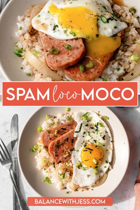 Hawaiian Loco Moco is a classic, but this easy Spam Loco Moco has golden fried Spam instead of the traditional hamburger patty. It's paired with white rice and sunny side up eggs before being smothered in a sweet and savory brown gravy. This is island comfort food at its best! Less than 30 minutes, one pan, one pot, easy. Spam And Eggs Hawaiian, Rice Spam And Eggs, Spam Meals Dinners, Spam Meal Ideas, Spam Eggs And Rice Breakfast, Breakfast With Spam, Spam Hawaiian Recipes, Spam Breakfast Ideas, Spam Dinner Recipes