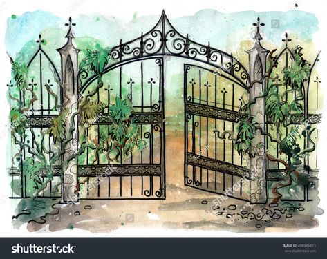 Gothic Gate, Old Gates, Front Gate Design, Gothic Garden, Dreamy Artwork, Victorian Garden, Garden Drawing, Create Drawing, Illustration Watercolor