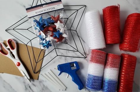 Star Wire Wreath Form Ideas, Red White And Blue Wreath Diy, Dollar Tree Patriotic Wreath, Diy Fourth Of July Wreath, Star Wreath Frame, Easy Mesh Wreath, Dollar Tree Patriotic Crafts, Star Wreath Form, Patriotic Wreath Diy