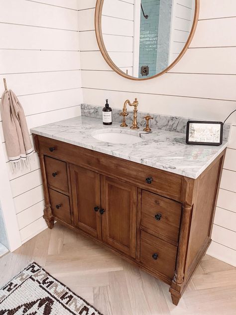 Wood Vanity Marble Top, Wood Vanity With Marble Top, Marble Bathroom Counter, Marble Top Vanity, Bathroom Revamp, Vintage Bathroom Vanity, Lake Bathroom, Shiplap Walls, Pretty Houses