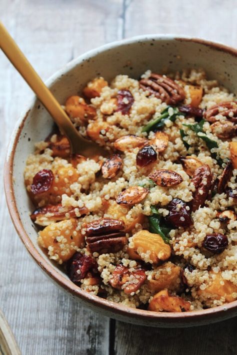 Roasted Pumpkin, Pecan & Cranberry Quinoa Salad (Vegan & Gluten Free) Quinoa Salad Vegan, Fall Quinoa Salad, Cranberry Quinoa, Cranberry Quinoa Salad, Pumpkin Quinoa, Quinoa Spinach, Pumpkin Salad, Red Quinoa, Cranberry Salad