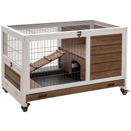 Pawhut Wooden Indoor Rabbit Hutch Elevated Cage Habitat With No Leak Tray Enclosed Run With Wheels, Ideal For Rabbits And Guinea Pigs, Brown | Wayfair