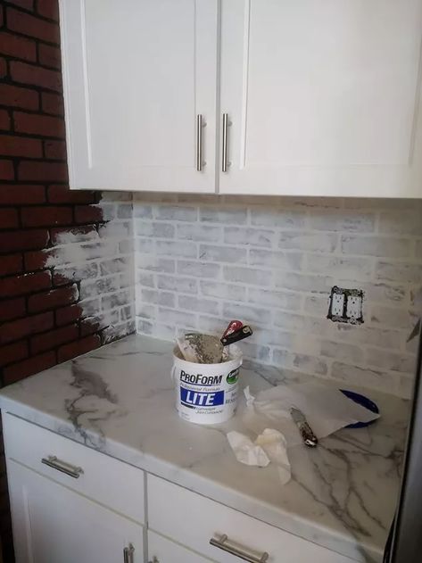 Faux Brick Panel Backsplash, Diy Back Splashback Kitchen Ideas, Faux Stone Backsplash Kitchen, Kitchen Farmhouse Backsplash, Painted Brick Backsplash, Faux Brick Backsplash, Brick Kitchen Backsplash, Future Farmhouse, Brick Backsplash Kitchen