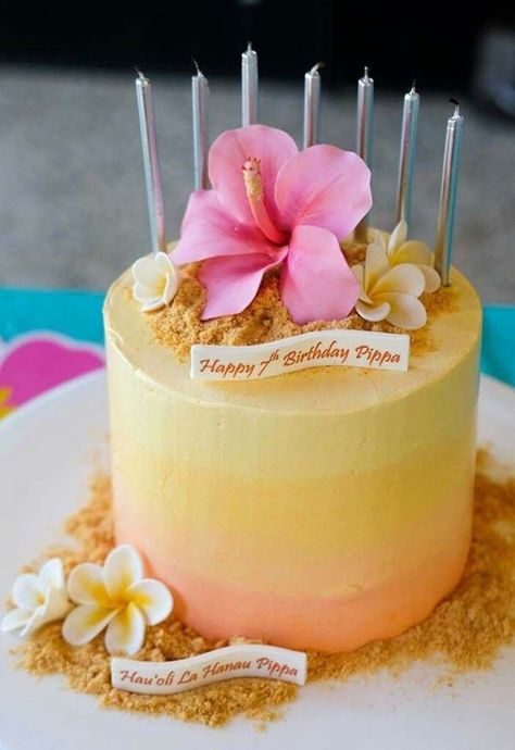 Pineapple Flower Cake Decoration, Hawaiian Cake Decorations, Frangipani Cake Birthday, Tropical Ombre Cake, Elegant Hawaiian Cake, Hawaiian Luau Cake Ideas, Hibiscus Cake Ideas, Tropical Cake Decoration, Hawaiian Party Cake Ideas