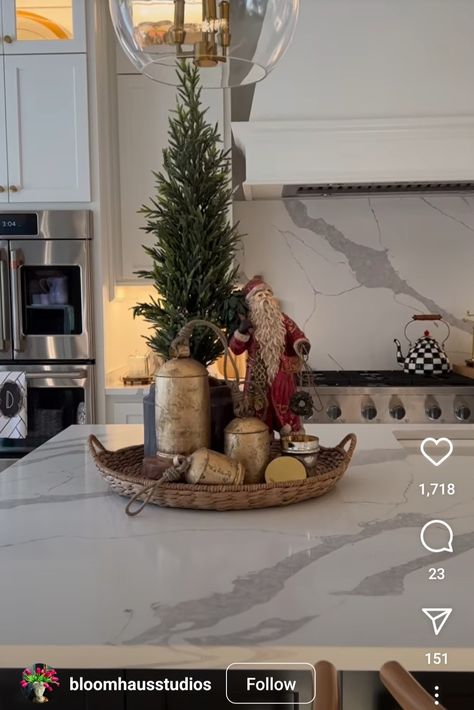 How To Decorate 3 Tiered Tray Christmas, Christmas Centerpiece Island, Holiday Vignettes Decorating Ideas, Winter Island Centerpiece, Xmas Decor For Kitchen Island, Christmas Counter Centerpiece, Christmas Centerpiece For Kitchen Island, Kitchen Tray Christmas Decor, Kitchen Corner Christmas Decor