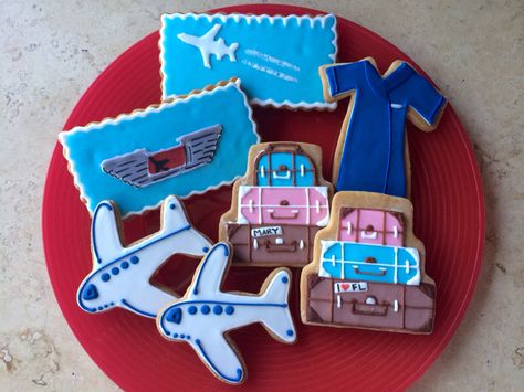 Flight attendant cookies, travel cookies, suitcase cookies, airplane cookies Travel Cookies, Airplane Cookies, Paris Themed Birthday Party, Airplane Theme, Airplane Birthday Party, Suitcase Travel, Flight Attendant Life, 65th Birthday, Feeding Time