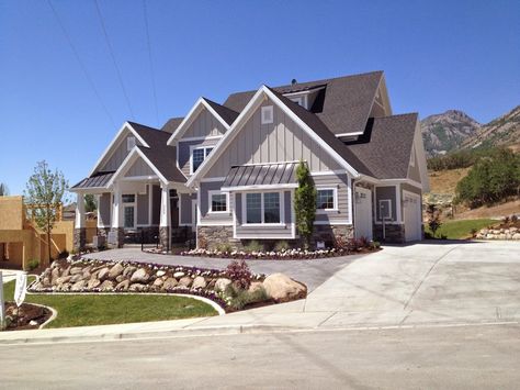 Stucco Remodel, Echo Ridge Country Ledgestone, Grey Homes, Fireplaces Outdoor, Exterior Windows, Gray House, Craftsman Exterior, Cultured Stone, Craftsman Style Home