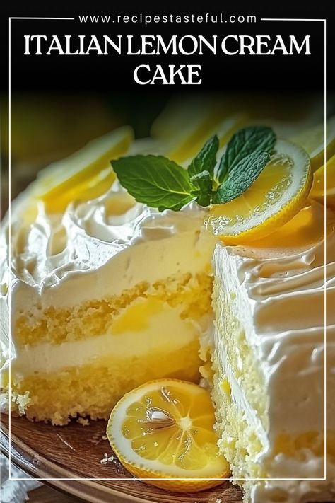 This Italian Lemon Cream Cake is a delightful dessert that combines the light and fluffy texture of lemon cake with a rich mascarpone and whipped cream topping. Bursting with fresh lemon flavor, it's perfect for any occasion, from family gatherings to special celebrations. Refreshing and indulgent, this cake is sure to impress your guests! Lemon Marscapone Cake, Italian Lemon Cream Cake Recipe, Italian Lemon Cream Cake, Lemon Marscapone, Lemon Lime Cake, Lemon Cream Cake, Box Lemon Cake, Whipped Cream Topping, Mascarpone Dessert