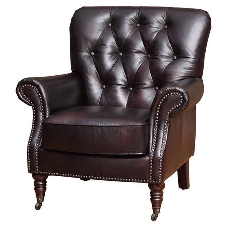 Lend classic appeal to your living room or den with this handsome leather arm chair, showcasing a button tufted back and nailhead details.  ... Tufted Leather Chair, Leather Arm Chair, Leather Wingback Chair, Brown Leather Armchair, Leather Wingback, Leather Club Chairs, Tufted Leather, Jim Rohn, Leather Chairs